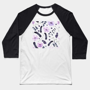 Seamless Pattern of Watercolor Dark Berries and Feathers Baseball T-Shirt